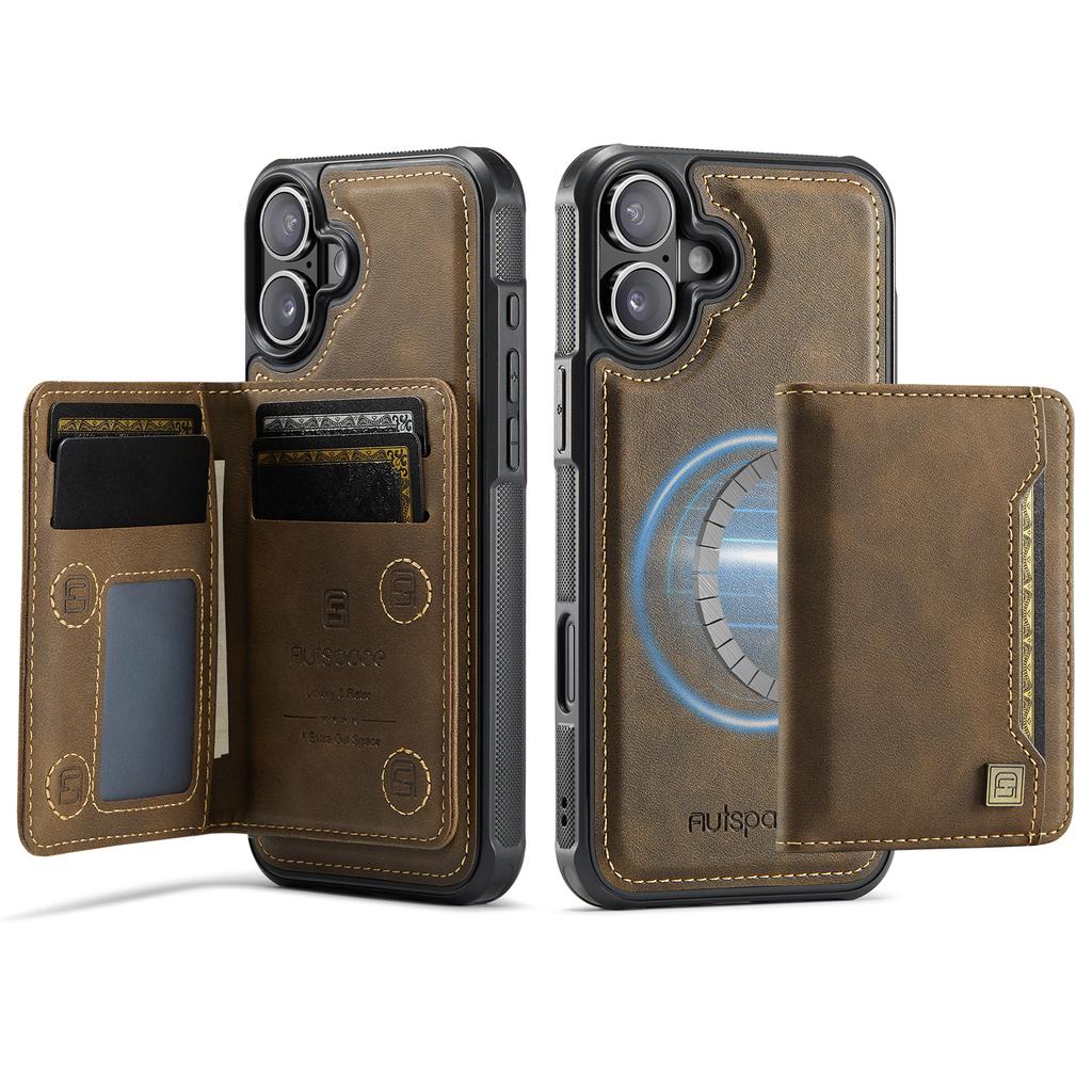 For iPhone 16 Plus Case AUTSPACE A13 Vintage Leather Back Cover with Magnetic Detachable Card Bag