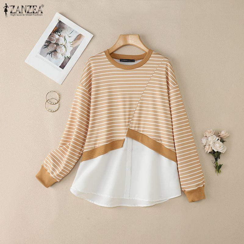 ZANZEA Women Casual Round Neck Long Sleeve Stripe Patchwork Pullover Tops