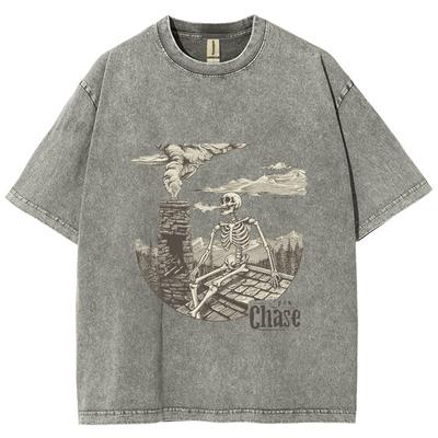 Cartoon Totenkopf Stadt Industrie Druck Baumwolle Waschung T-Shirt Damen Herren Übergroß Rundhals Kurzarm Design Nische Top