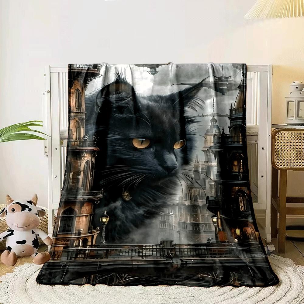 A giant black cat amidst a steampunk-style cityscape with airships. for all seasons blanket lunch break throw gift 80cm x 120cm