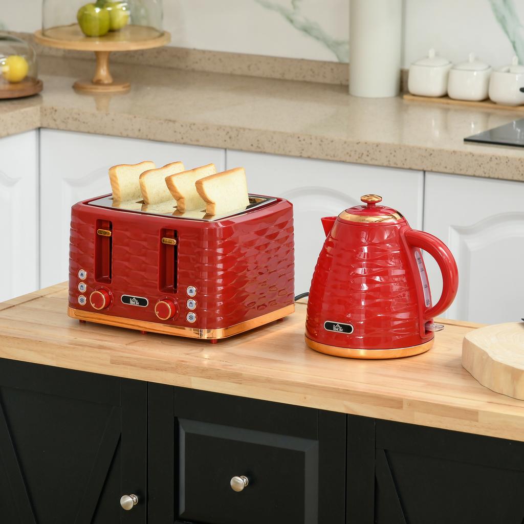 3000W 1.7L Rapid Boil Kettle & 4 Slice Toaster, Kettle and Toaster Set with 7 Browning Controls and Crumb Tray, Red
