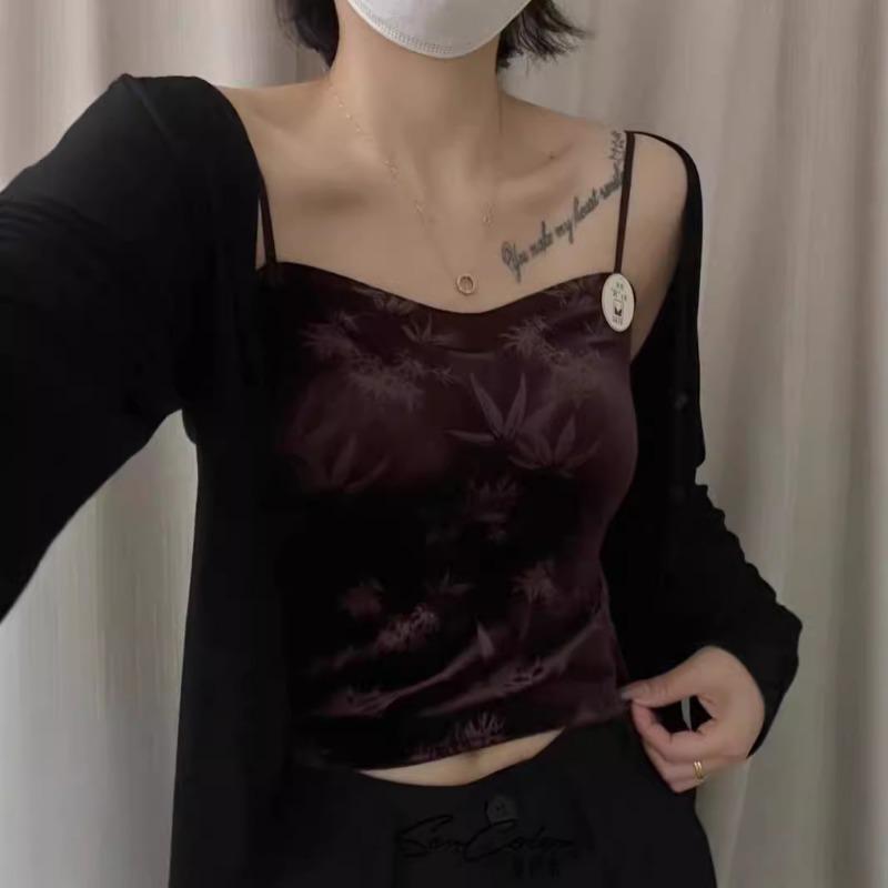 Autumn and Winter New Chinese Style Golden Velvet One Cup Strap Underwear Female Bamboo Leaf Texture All Match Small Vest
