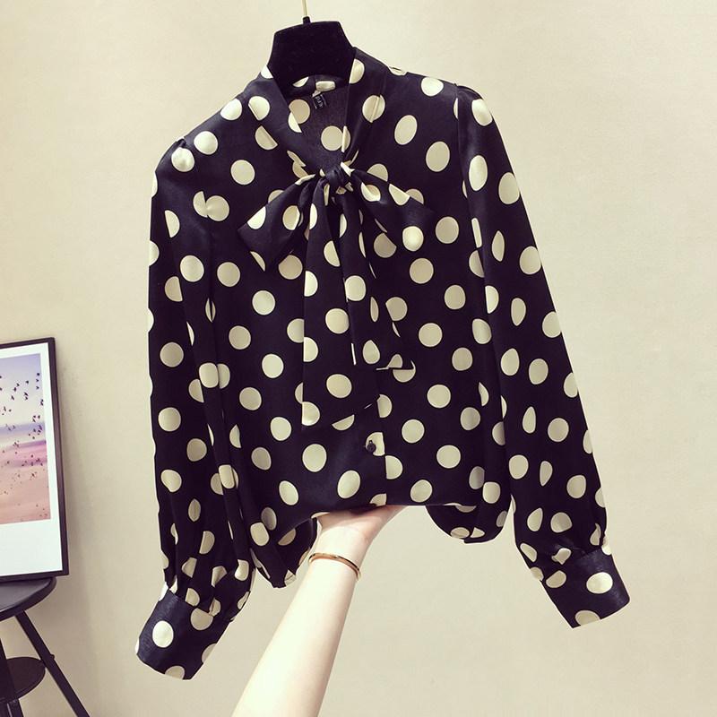 

Весна-Осень Бантик Горошек Фонариковый Рукав Шифоновая Рубашка Женская Корейская Утягивающая Рубашка XL чёрный