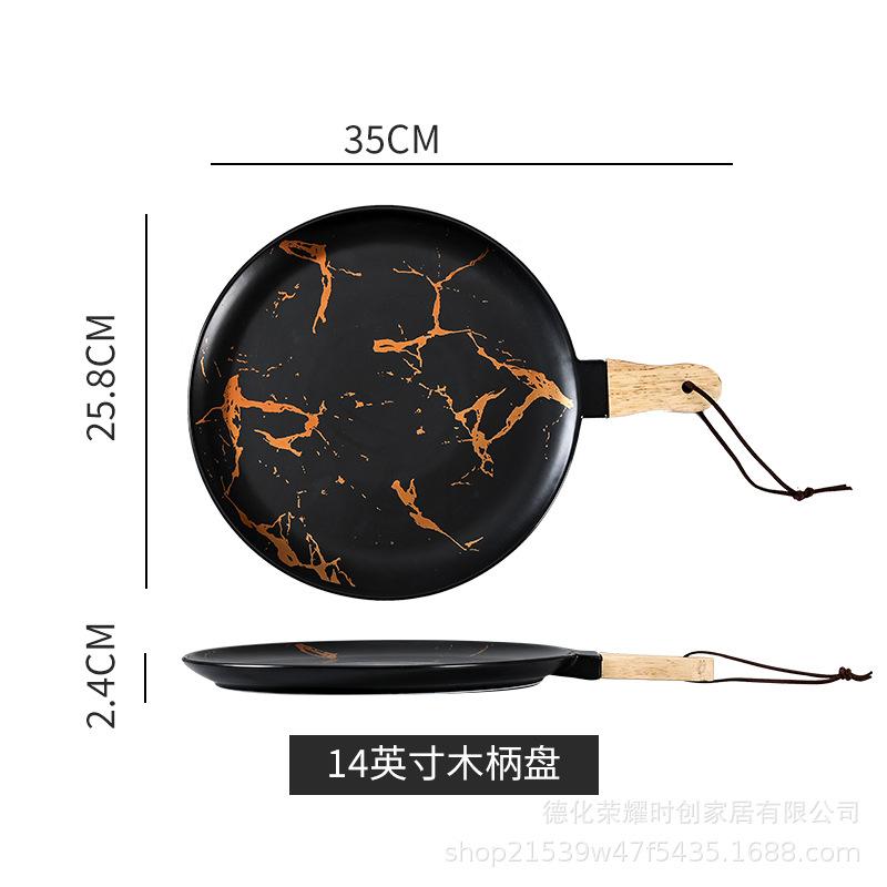 marbled ceramic plate with wooden handle, creative cutlery handle, western plate, steak and dim sum plate, high-end sense