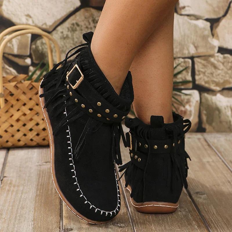 Fashion Vintage Tassels Western Boots for Women Rivet Decor Flat Heels Ankle Boots Woman Size Zipper Non Slip Short Booties
