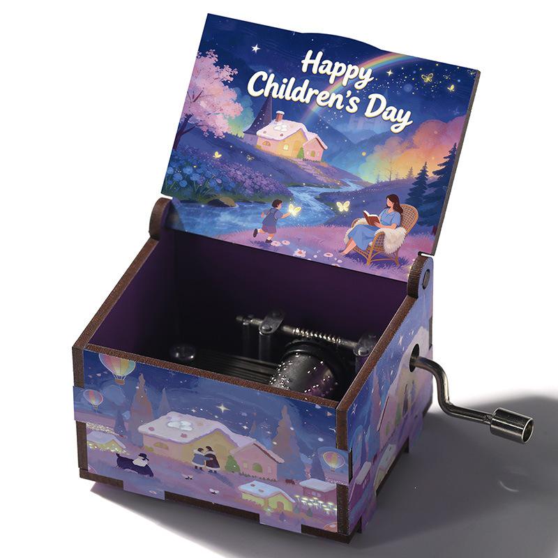 Children s Day Six-Sided Painted Wooden Music Box – Hand-Crank Creative Gift