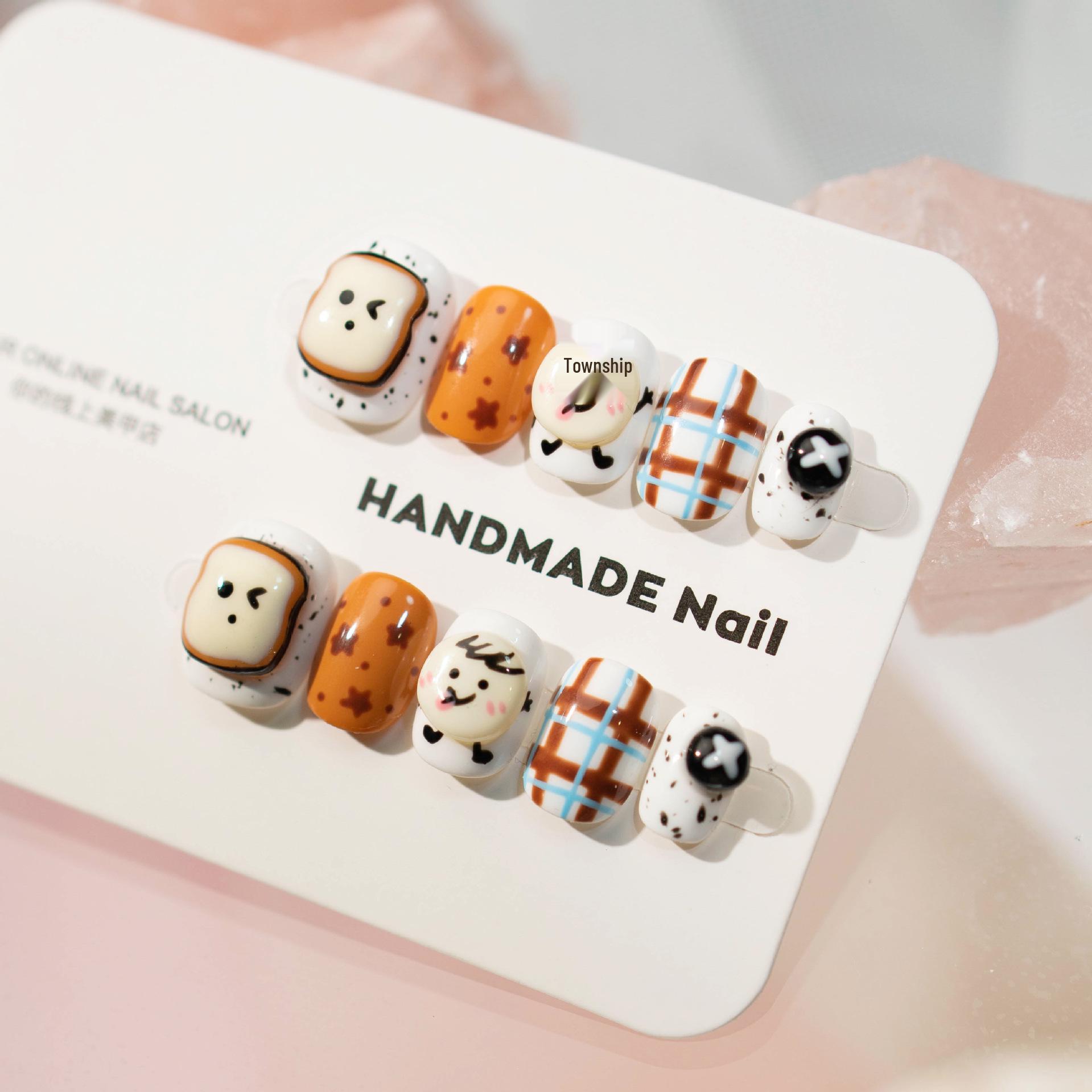 Handmade Cute Cartoon Toast Nail Tips: Skin-Brightening, Hand-Painted, Exquisite Design