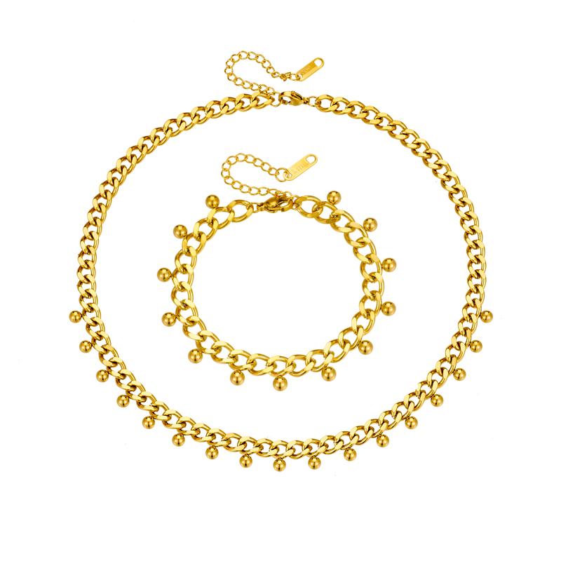 DIEYURO 316L Stainless Steel Gold Beads Thick Chain Necklace Bracelet For Women Girl New Trend Non-fading Jewelry Set