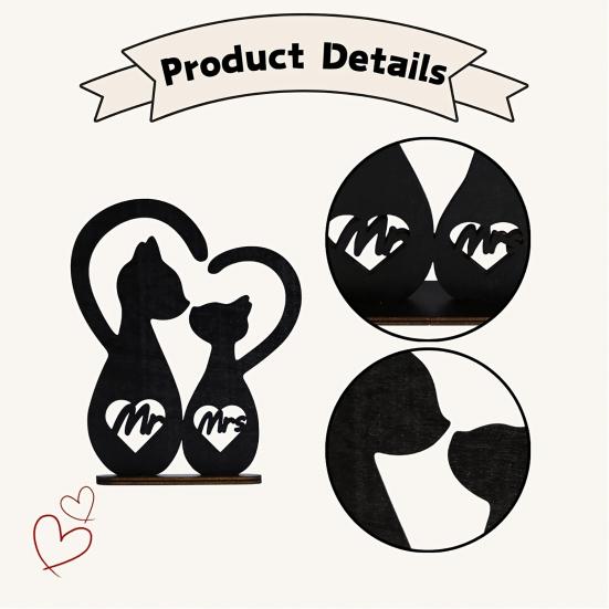 Rustic Mr. & Mrs. Sign Wooden Couple Cat Wedding Sign Romantic Black Cats Snuggling Silhouette Heart Decoration for Wedding Valentine's Day
