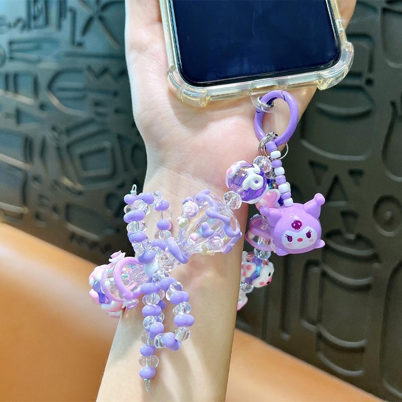 Kawaii Sanrio Kuromi Phone Chain W/Card Bowknot Beads Melody Cinnamoroll Charm Wrist Strap Earphone Case Pendant Bag Decor