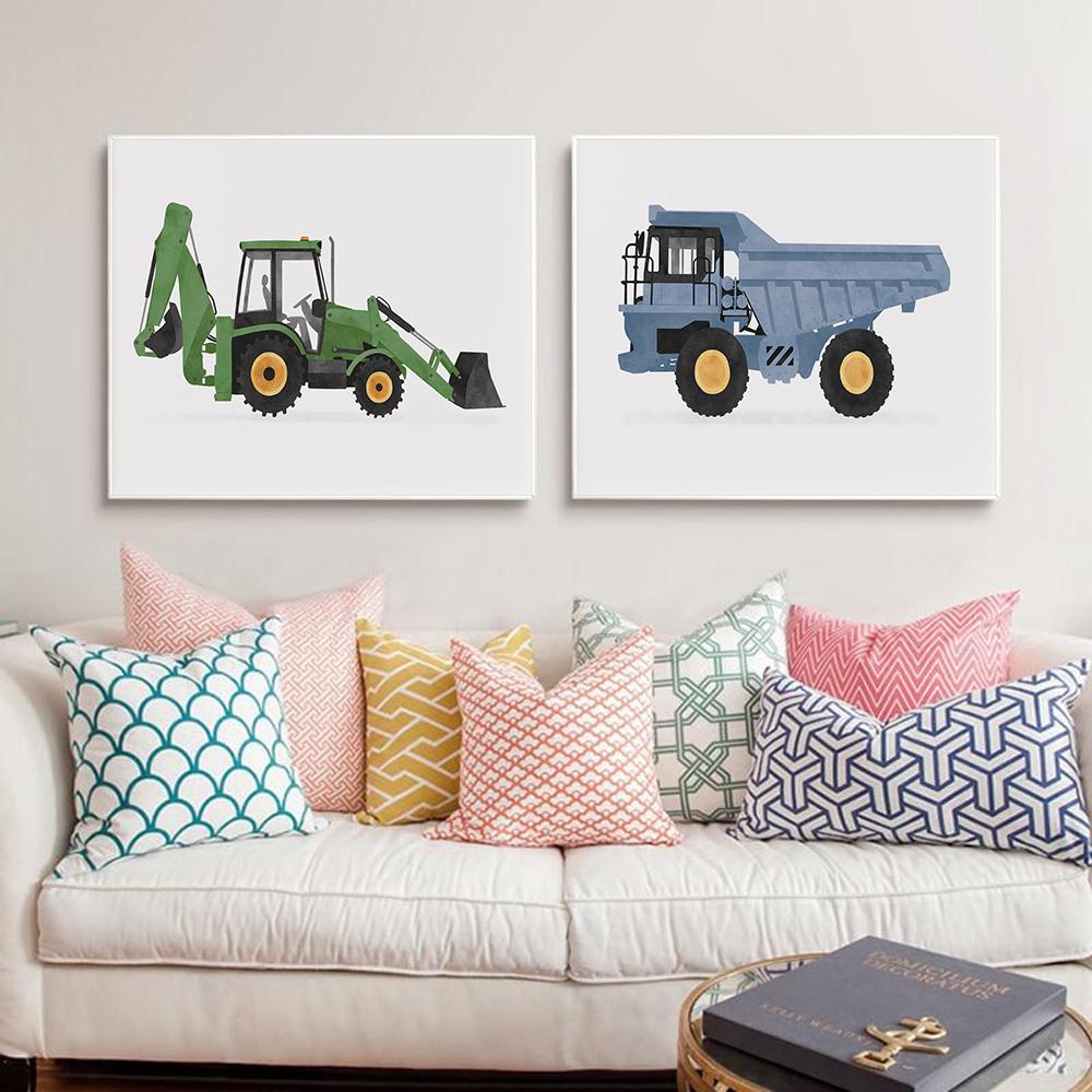 Construction Vehicles Watercolor Art Canvas Painting Kids Room Decor Dump Truck Digger Bulldozer Posters and Prints Boys Gift No Frame