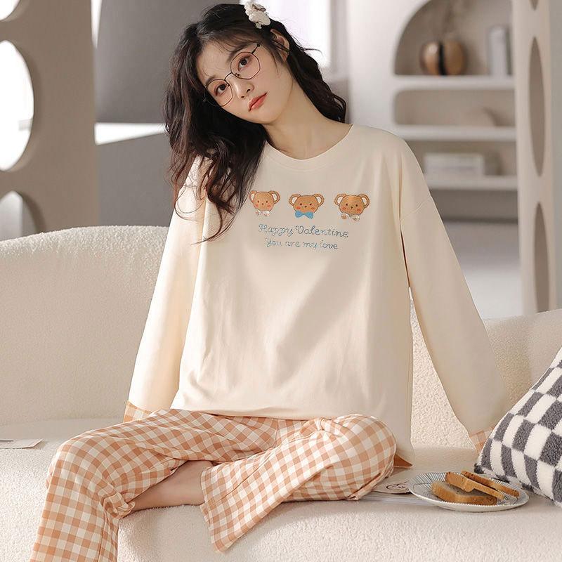 Autumn and Spring Long-Sleeve Women's Home Wear Pants Cartoon Set Pajamas for Ladies