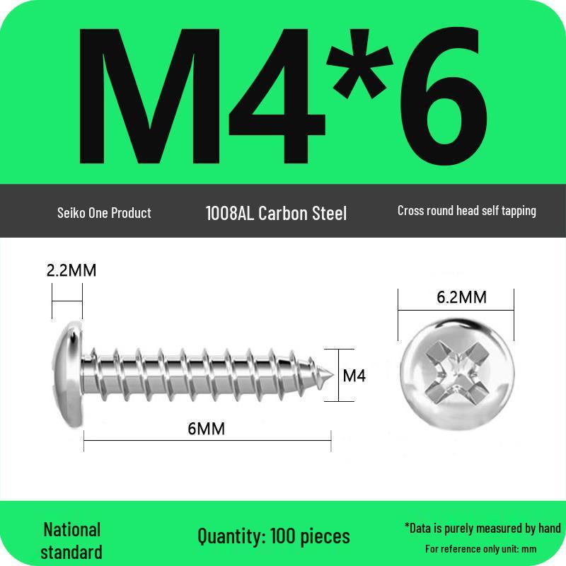 Galvanized Self-Tapping Screws, Round Head, White Zinc, PA Cross Pan, Pointed Tail M1.2-M4