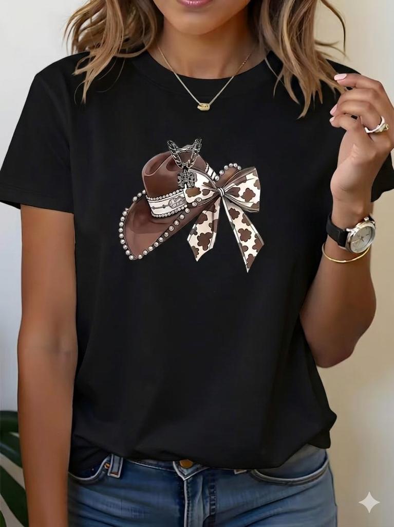 Western Style Cowboy Hat with Bow Print Unisexs Casual Crew Neck Graphic TShirt