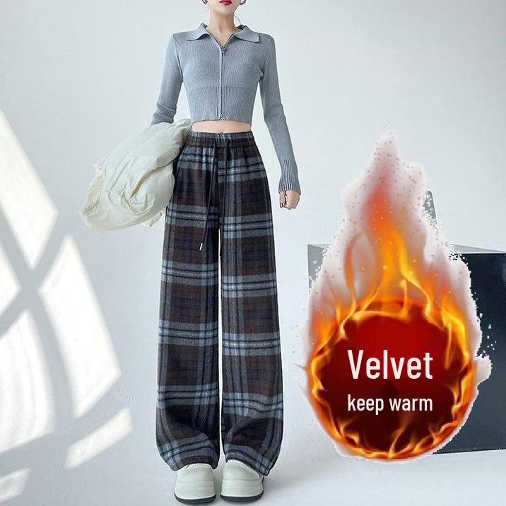 

Women s Blue Fleece-Lined Plaid Wide-Leg Pants - Autumn Winter 2024 Collection L (Recommended ≤ 115 lbs)