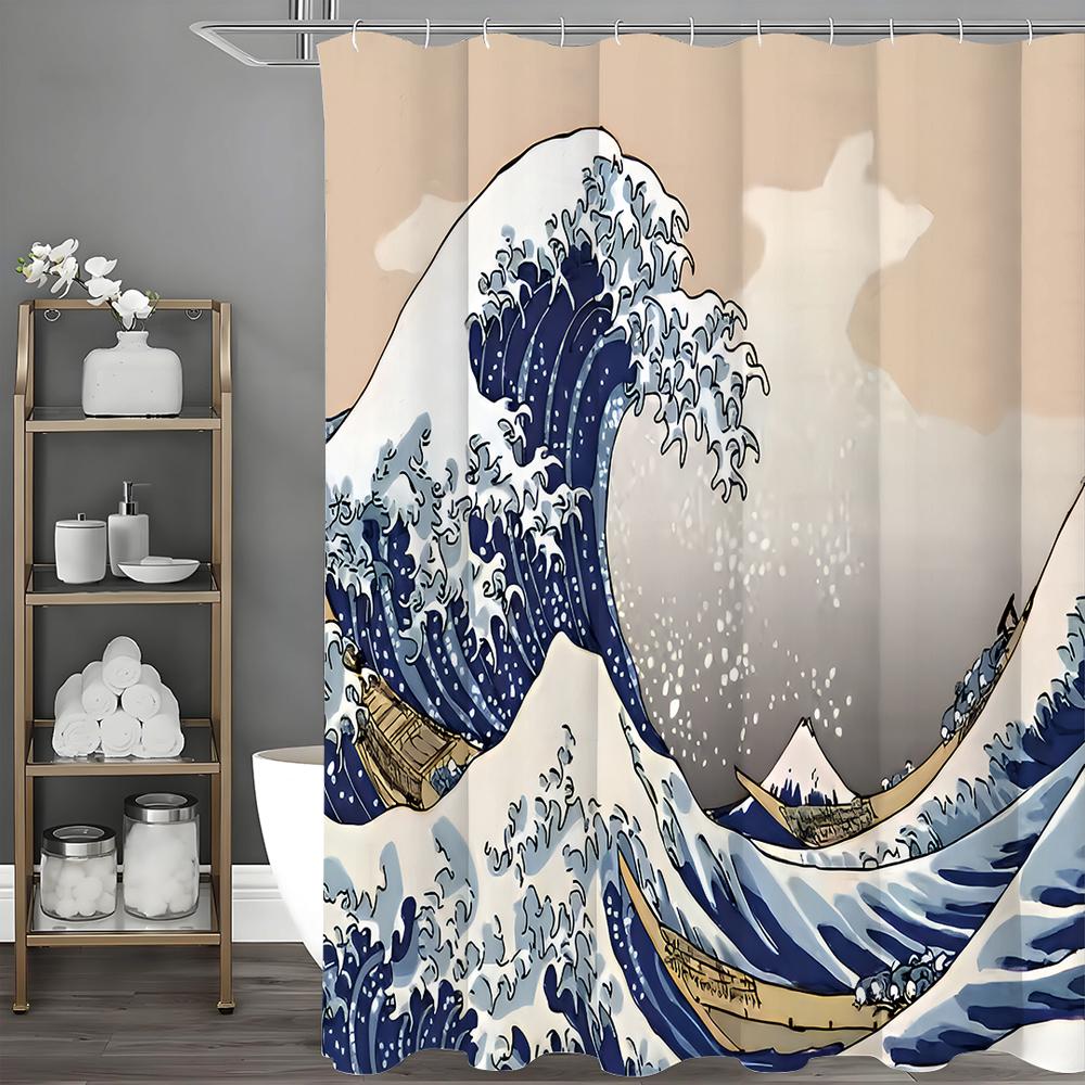 Ocean Wave Marine Shower Curtain, Bathroom Decorative Shower Curtain, Waterproof Shower Curtain with Hooks