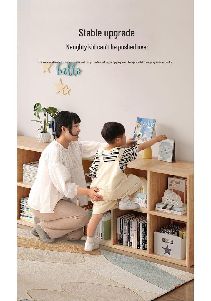 Solid Wood Bookshelf: Floor-Standing & Wall-Leaning Grid Cabinet for Living Room or Kindergarten Storage.