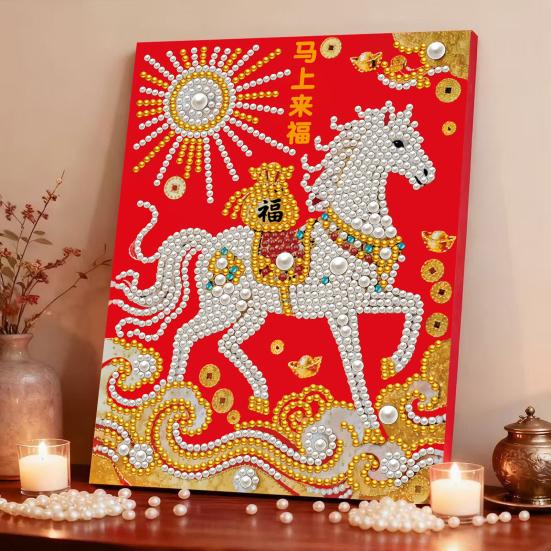 Faux Pearl Painting Kit Horse Pattern DIY 3D Beaded Art Craft with Glossy Faux
