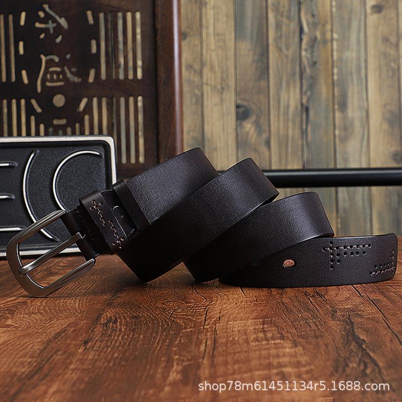 The First Layer Of Pure Cowhide Belt Men'S Green Handmade Belt Leather Pin Buckle Simple Retro Denim