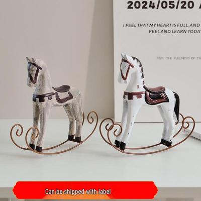 Nordic Retro Colorful Distressed Wooden Rocking Horse Ornament for Children's Room Decor
