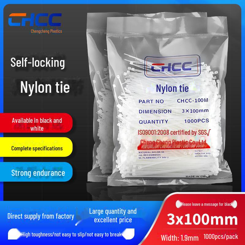 

Nylon Self-Locking Cable Ties 3x100 & 1.9x100mm Pack White; 1.8mm wide, 1000 pieces