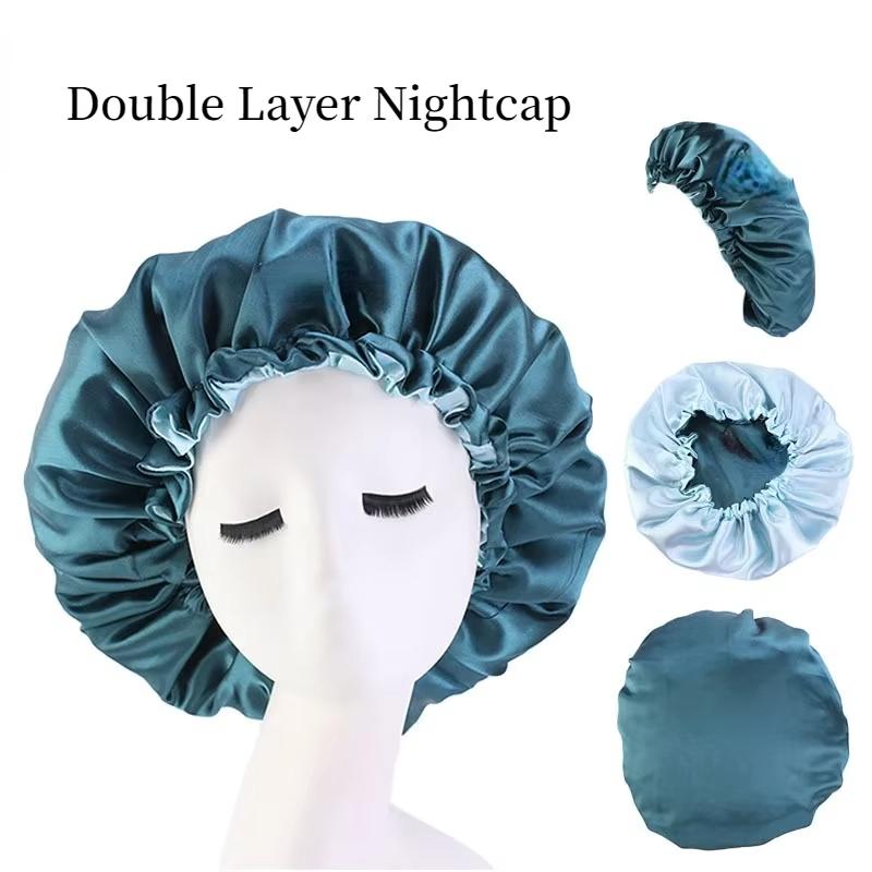 New Solid Color Satin Silk Bonnet for Women, Premium Elastic Band Sleep Cap, Large Double-Layer Satin Lace Sleep Bonnet