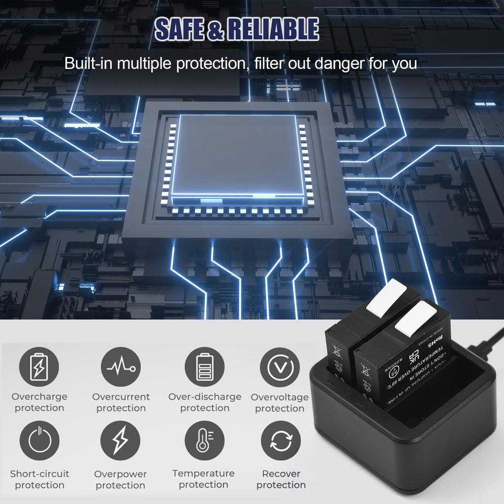 Sports Camera Battery & Charger Kit Including Three Slot Battery Charger + 3pcs 1800mAh Batteries + 3 Battery