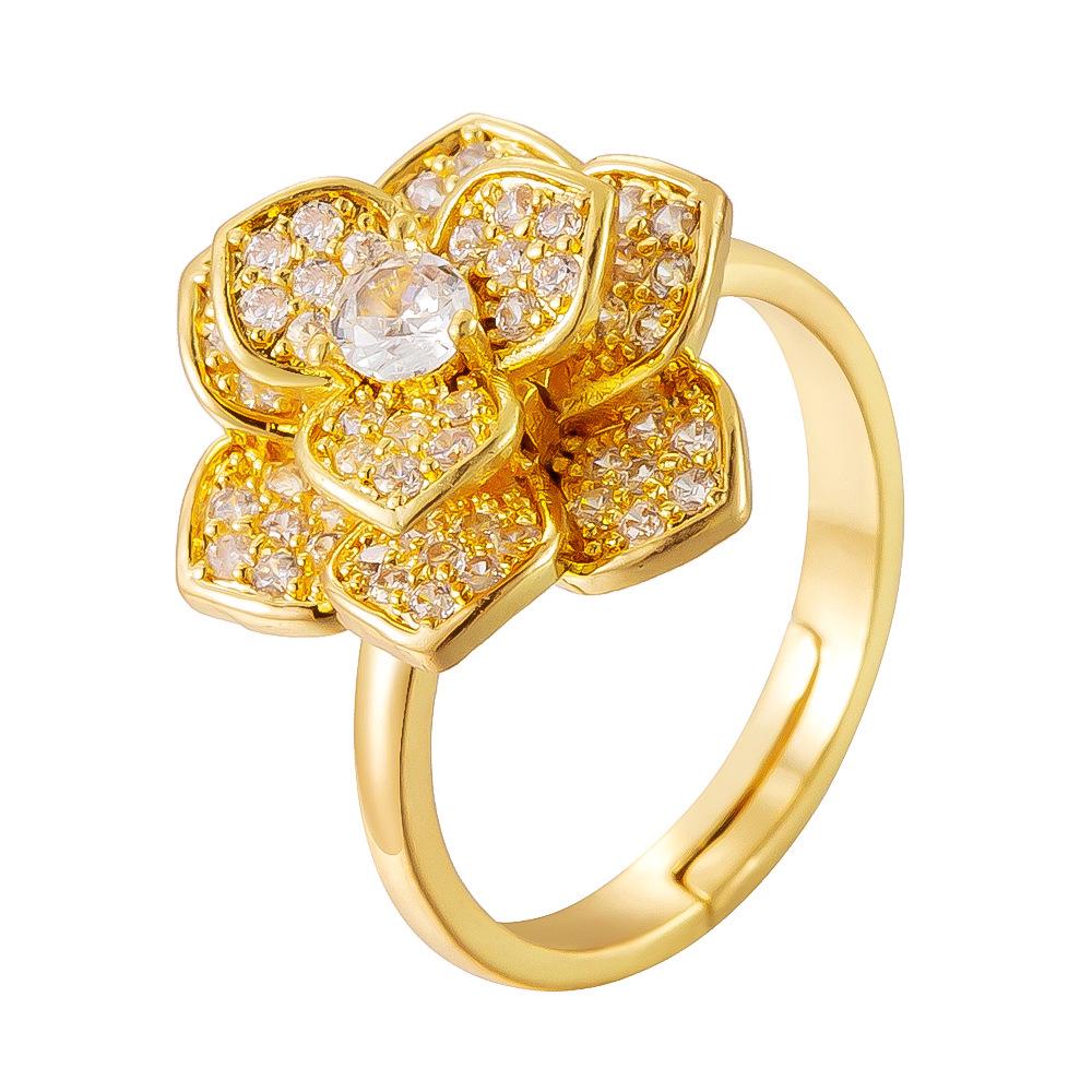 Women's Adjustable Copper Flower Ring with Zirconia - Trendy, Elegant Design