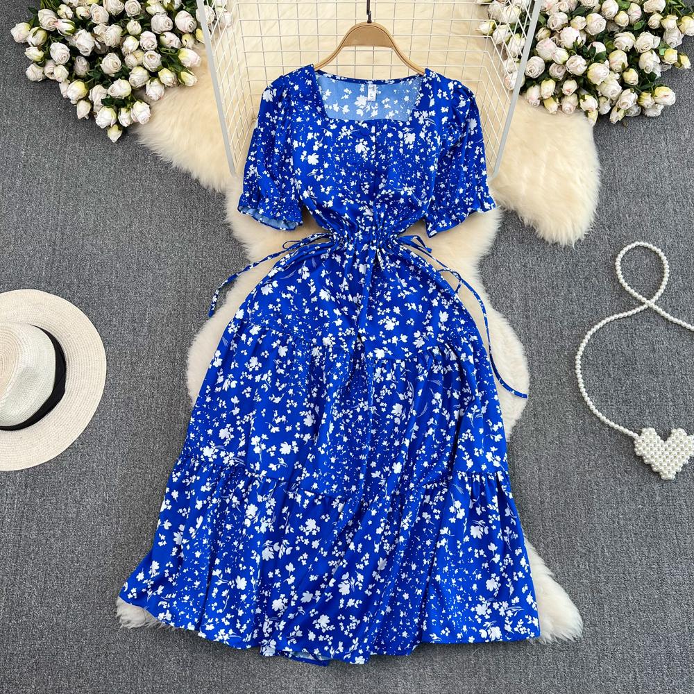 Summer Elegant Square Collar Loose Dress Women Vintage Bubble Short Sleeve Slim A-line Floral Dress French Retro Long Dresses Casual