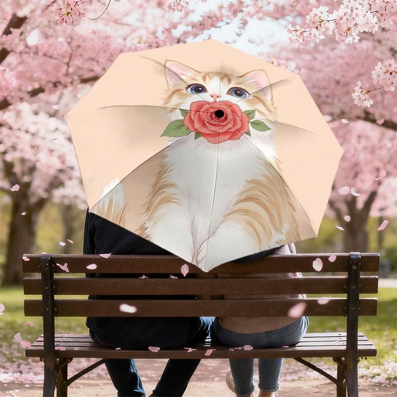 Adorable Cat with Rose Print Umbrella: Automatic Opening/Closing, Outdoor Protection, Lightweight and Durable Travel Accessory 087