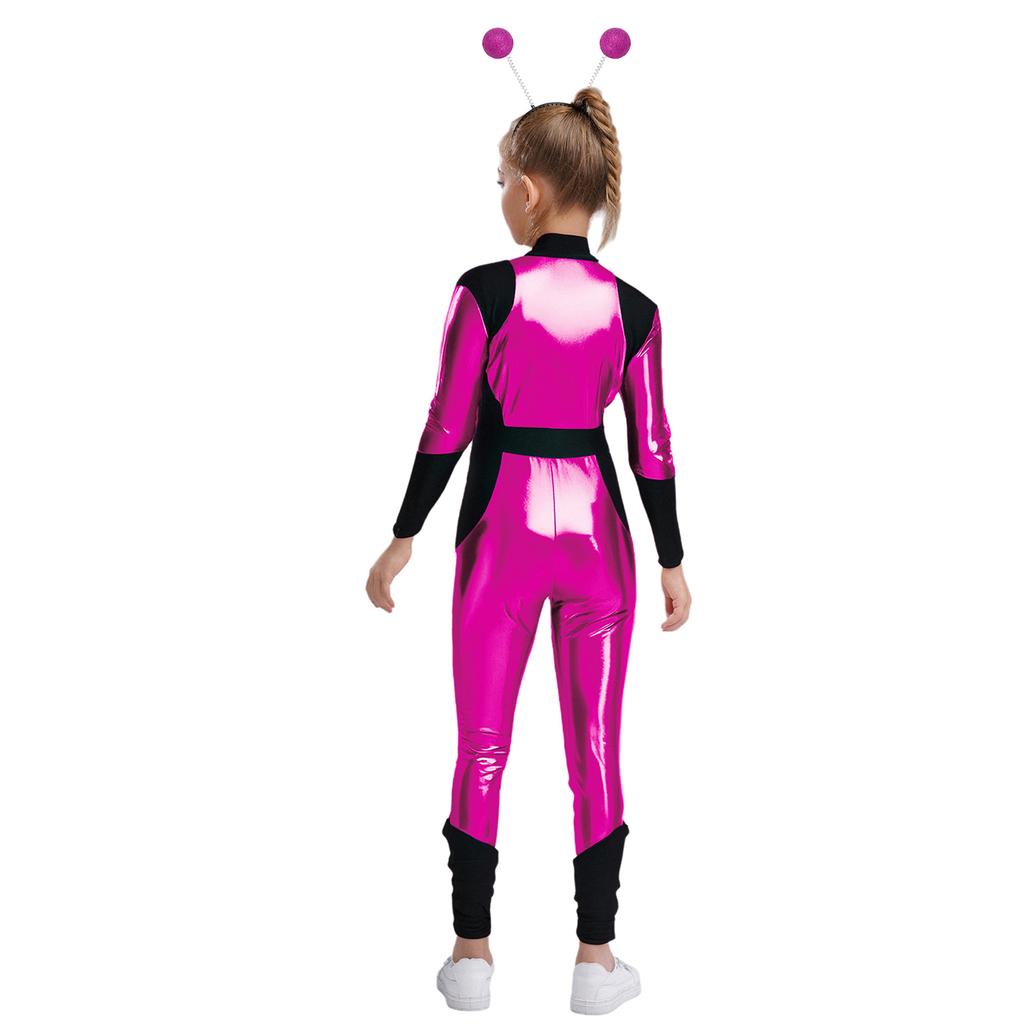 Dětský kostým mimozemšťana Cosplay Dlouhý rukáv Vysoký pas Lesklý kovový zip Kombinéza Halloweenský body