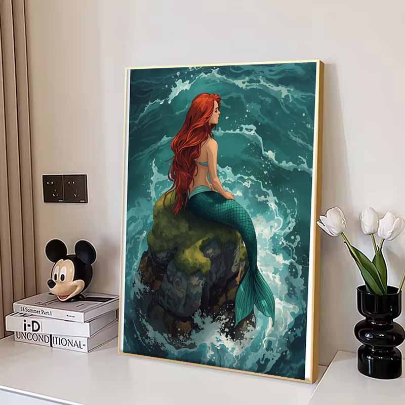 Disney 5D DIY Diamond Painting Ariels Little Mermaid Rock and Wave Illustration Embroidered Mosaic Cross Stitch Home Decor Gift Craft