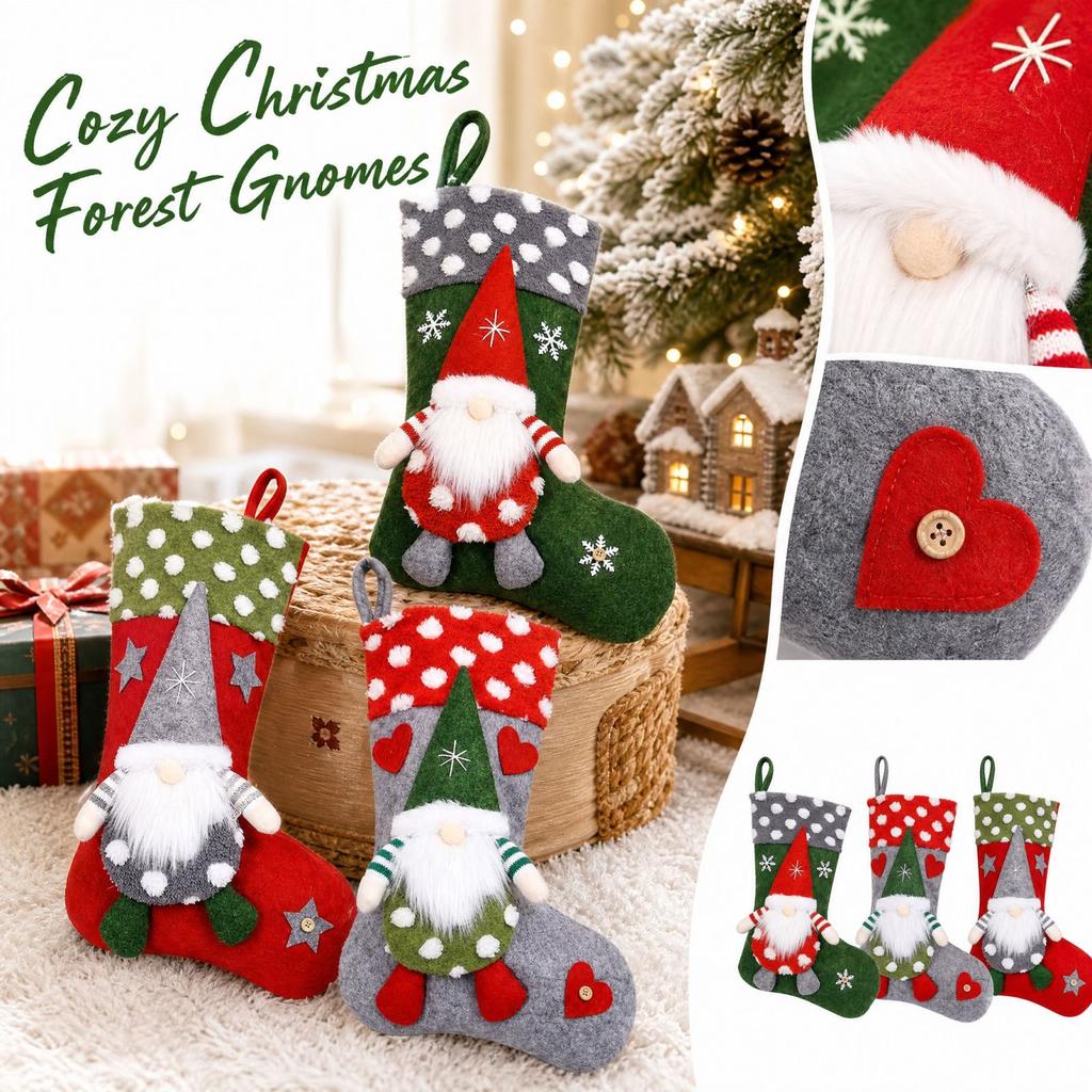 Christmas Stocking with 3D Forest Man Plush Figure and Candy Bag for Christmas Tree Decoration