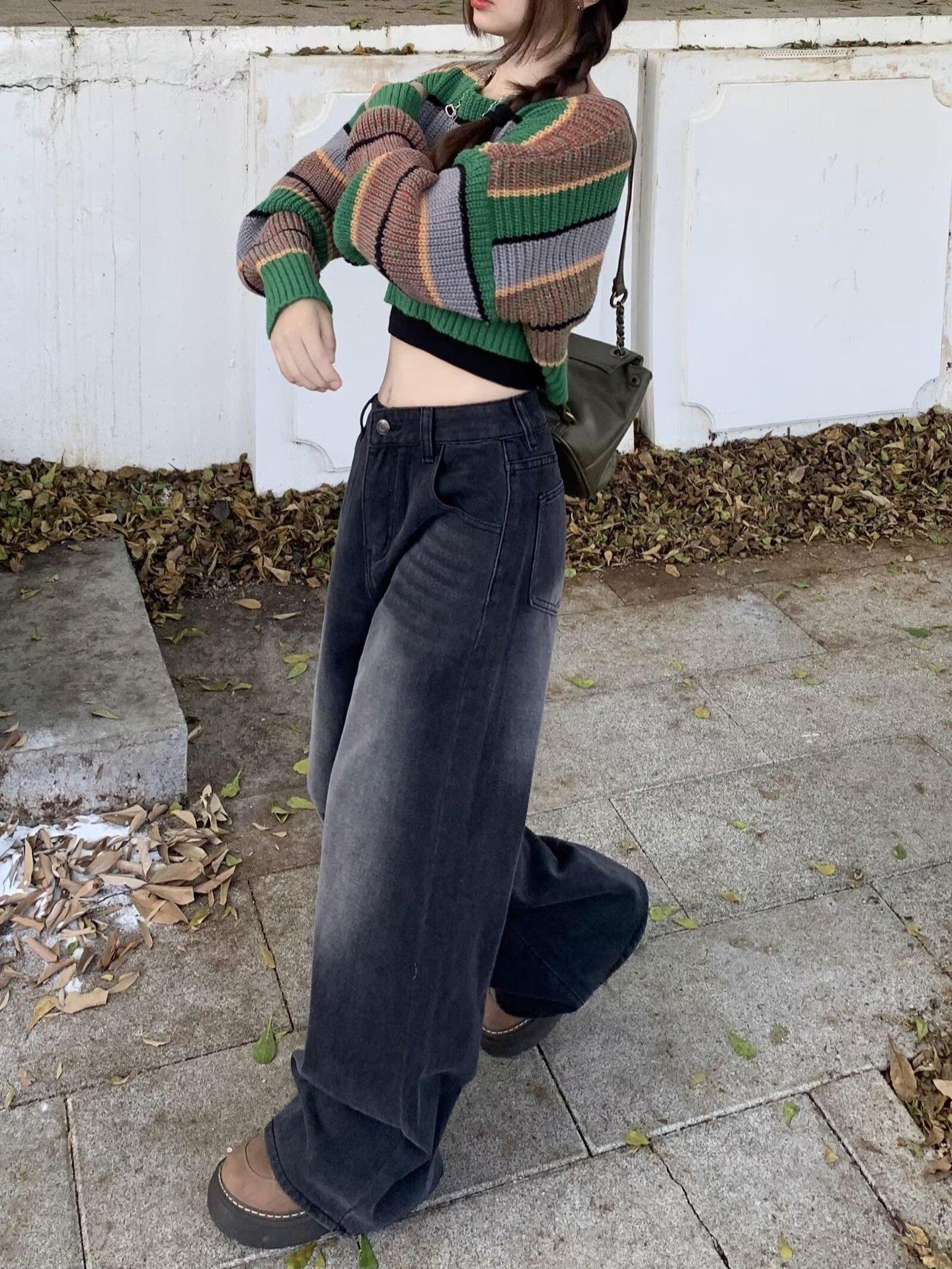 

Женские ретро черные с серым джинсы с высокой посадкой и прямыми штанинами: Варианты для похудения, Свободные, Узкие и Широкие брюки для осени и зимы. 3XL: 150-165 jin (height 155-165cm)