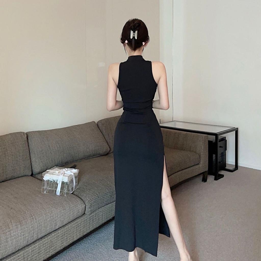 Guofeng New Chinese Improved Cheongsam Dress Dress Black Slim-fit Hips Sexy Split Shoulder Neck Dress Summer