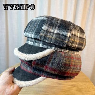 Retro Plaid Plush Star Anise Beret Female Autumn and Winter Warm Painter Hat