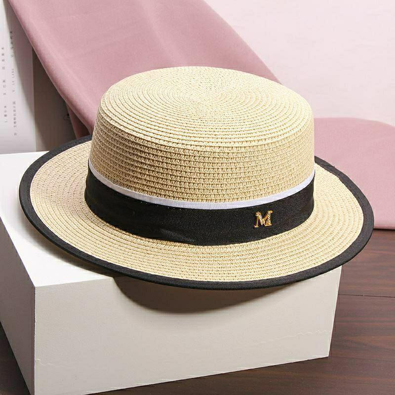 Summer Vacation Hat Women's Strap Alphabet Straw Hat Seaside Sunshade Sunscreen Hat Versatile Flat Top Hat