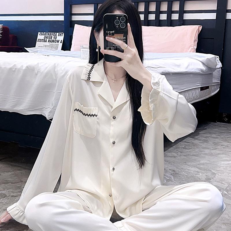 Ice Silk Pajamas Women's Spring and Autumn Thin Anti-acetic Acid Lapel Cardigan Long-sleeved Summer Can Wear Loungewear Suit