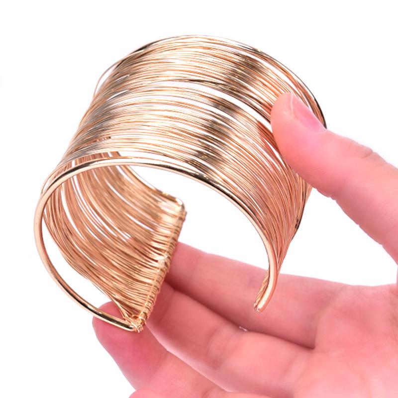 Women Multilayer Metal Wires Strings Open Bangle Wide Cuff Bracelet Jewelry