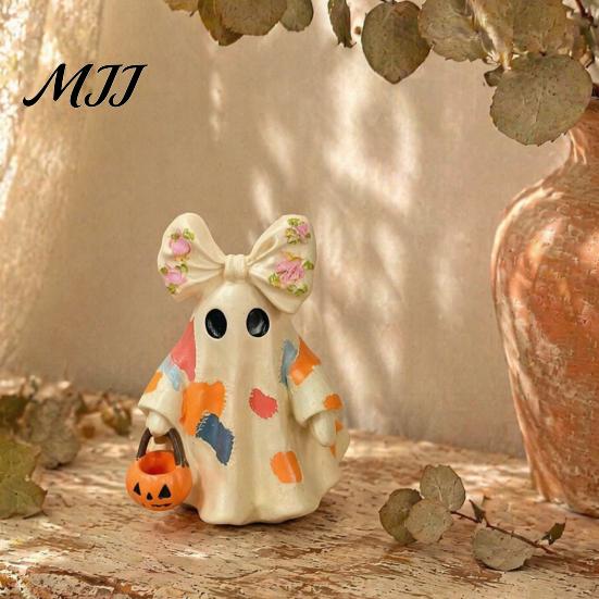 Portable Festive Table Centerpieces Halloween Bow Ghost Figurine Tabletop Ornament, Cute Resin Statue with Desktop Soft Decoration Items Pumpkin