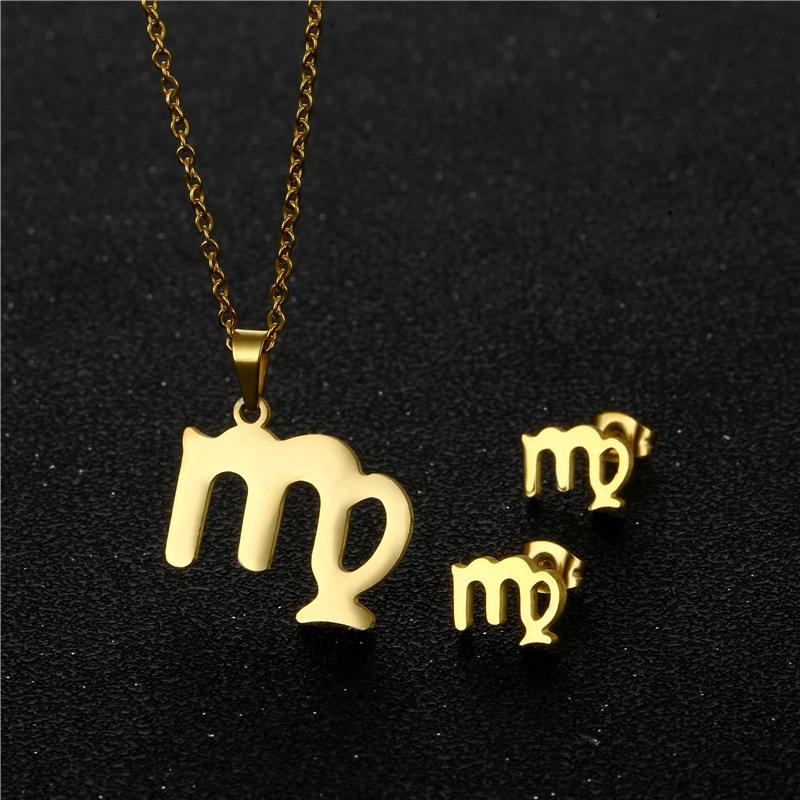 European and American Amazon Accessories Women's Zodiac Necklace Stud Earrings Set Constellation Pendant Short Necklace with Card