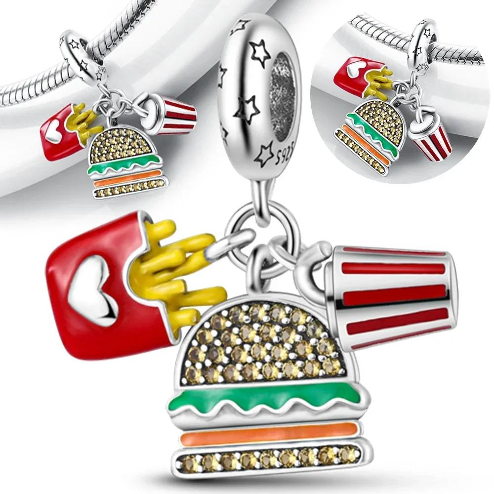 

Charm Bead Components Copper Metal French Fries Burger Pizza Series Coffee Bread Three-piece Set Designed For Women Do It Yourself Bracelet High