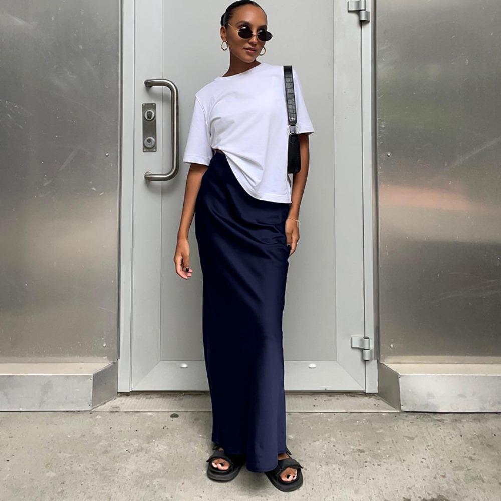 Elegant Satin Trumpet Skirts Fashion Slim High Waist Skirts Women Female Solid Office Long Skirt