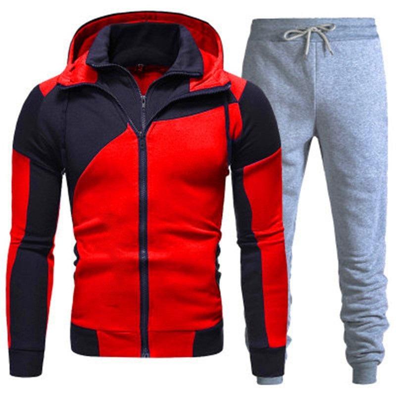 Men's Tracksuit 2Pcs Set Patchwork Color Hooded Jacket  Sweatpants Casual Sportswear Zipper Hoodie Jogger Pants For Men Daily Running Training