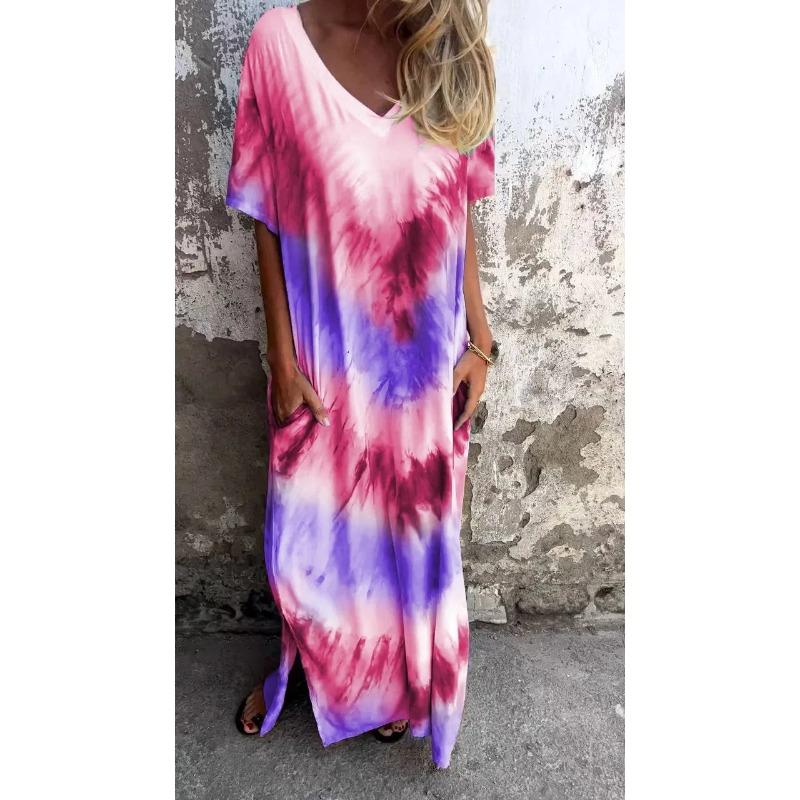 YYFS Moda Donna Estate Primavera Stampa Color Block Manica Corta Scollo a V Vita Ampia Abiti Casual