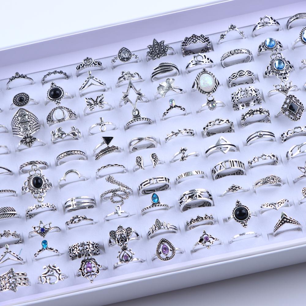 20Pcs/Lot Vintage Bohemia Geometry Flowers Leaf Rings For Charm Women Mix Style Color Fashion Jewelry Gift Accessories
