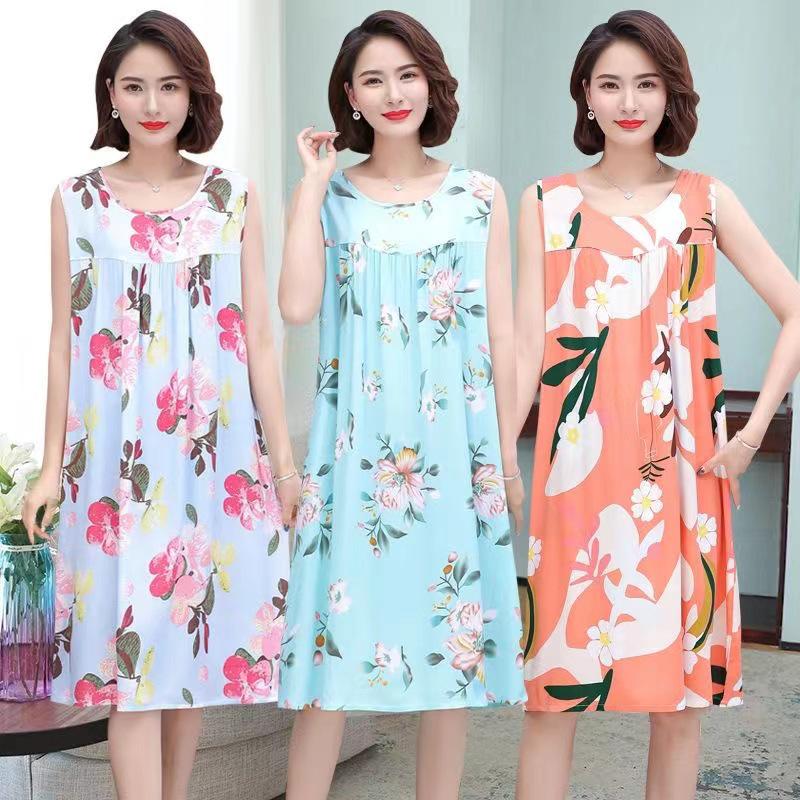 Plus Size Sleeveless Cotton Rayon Dress for Middle-Aged Women