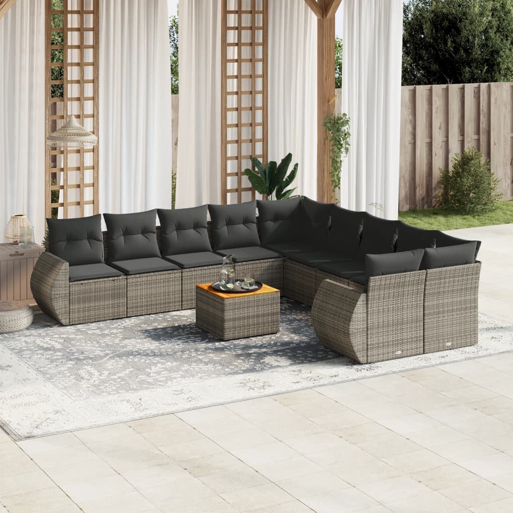 11-teiliges Gartensofa-Set mit Kissen aus grauem Poly-Rattan