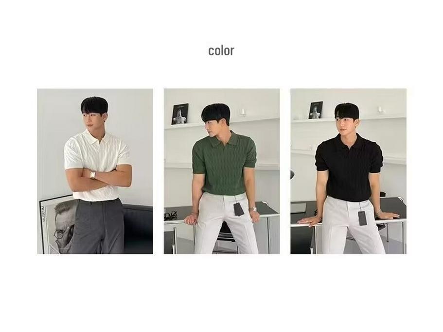 Men's Summer Slim Fit Polo Shirt - Korean Style, Turn-Down Collar, Solid Color, Casual Thin Knit