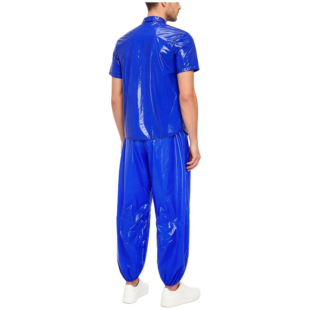 S-3XL Men Waterproof Tracksuit Short Sleeve Front Button Lapel T-Shirt with Elastic Waistband Jogging Pants for Sauna Sweat Rainwear
